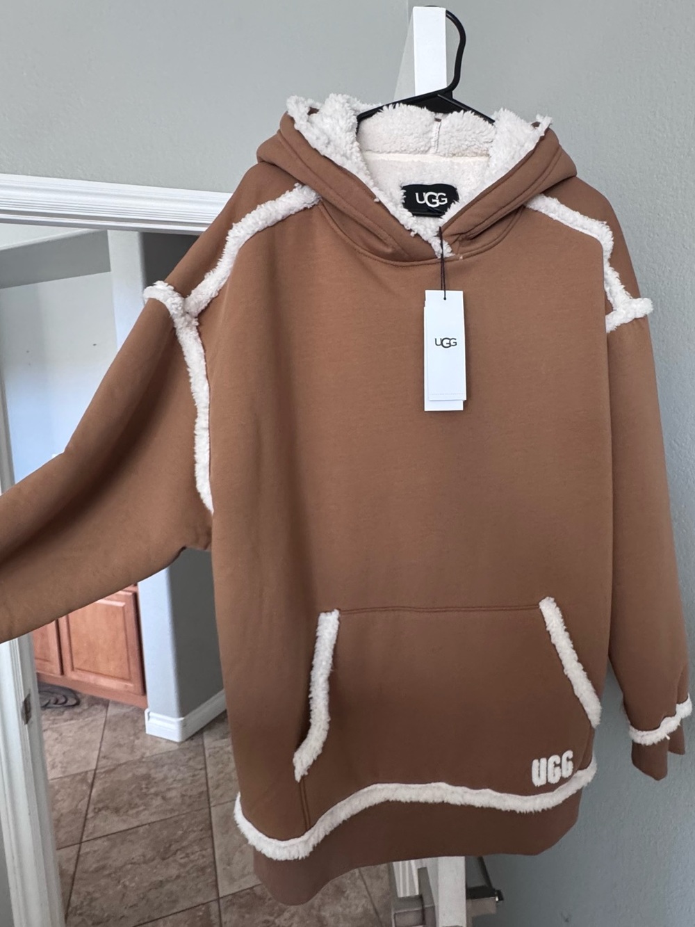 UGG Women Brown Crewneck Hoodie with Cream Sherpa Trim